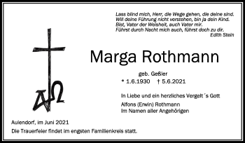 Anzeige von Marga Rothmann von Schwäbische Zeitung