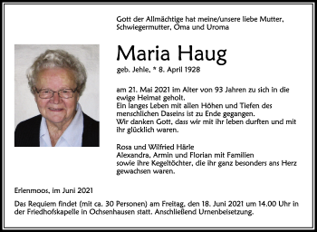 Anzeige von Maria Haug von Schwäbische Zeitung