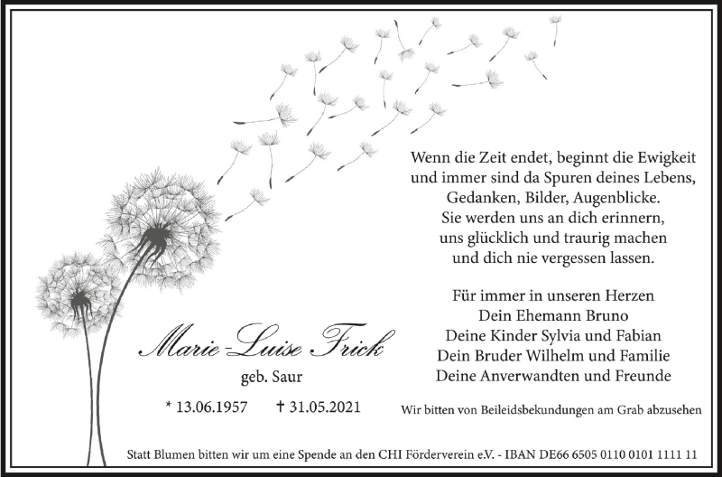 Traueranzeige für Marie-Luise Frick vom 02.06.2021 aus Schwäbische Zeitung