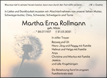 Anzeige von Martha Erna Rollmann von Schwäbische Zeitung