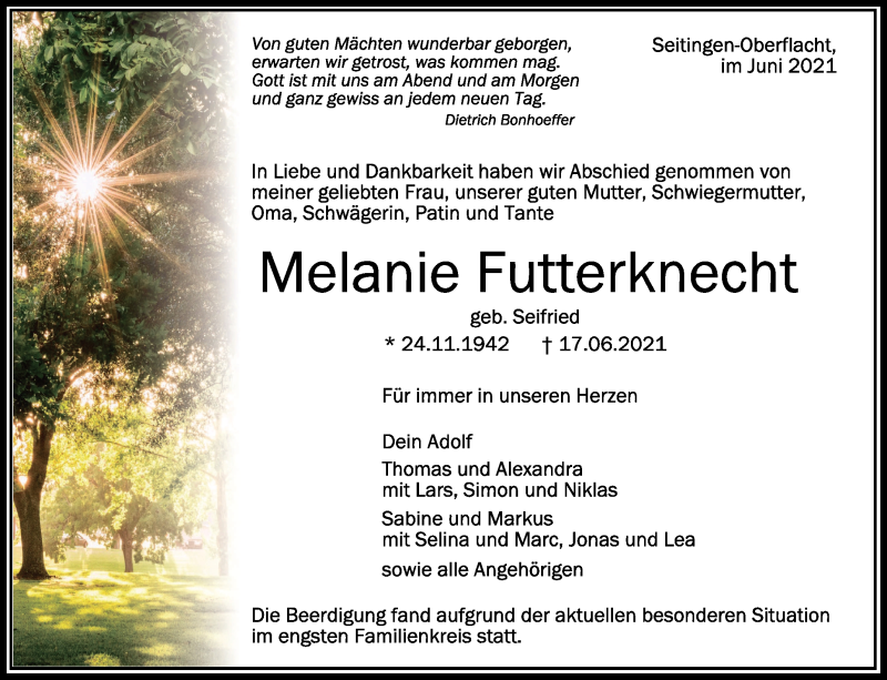 Traueranzeigen Von Melanie Futterknecht Schwaebische De Trauerportal