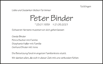 Anzeige von Peter Binder von Schwäbische Zeitung
