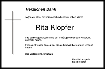 Anzeige von Rita Klopfer von Schwäbische Zeitung