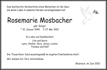 Anzeige von Rosemarie Mosbacher von Schwäbische Zeitung