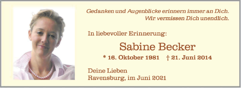  Traueranzeige für Sabine Becker vom 21.06.2021 aus Schwäbische Zeitung