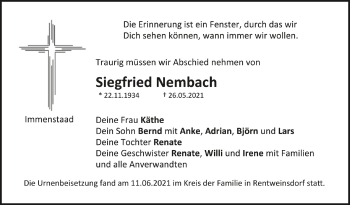 Anzeige von Siegfried Nembach von Schwäbische Zeitung