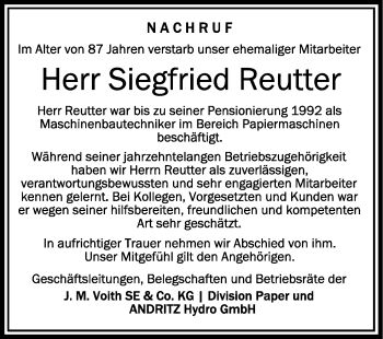 Anzeige von Siegfried Reutter von Schwäbische Zeitung