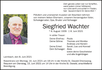 Anzeige von Siegfried Wachter von Schwäbische Zeitung