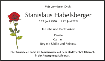 Anzeige von Stanislaus Habelsberger von Schwäbische Zeitung