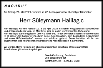 Anzeige von Süleymann Halilagic von Schwäbische Zeitung