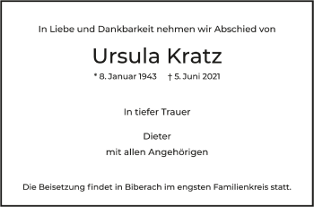 Anzeige von Ursula Kratz von Schwäbische Zeitung