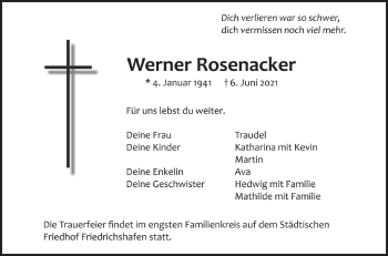 Anzeige von Werner Rosenacker von Schwäbische Zeitung