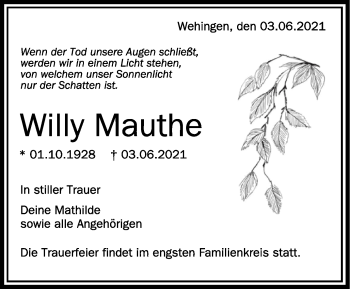 Anzeige von Willy Mauthe von Schwäbische Zeitung