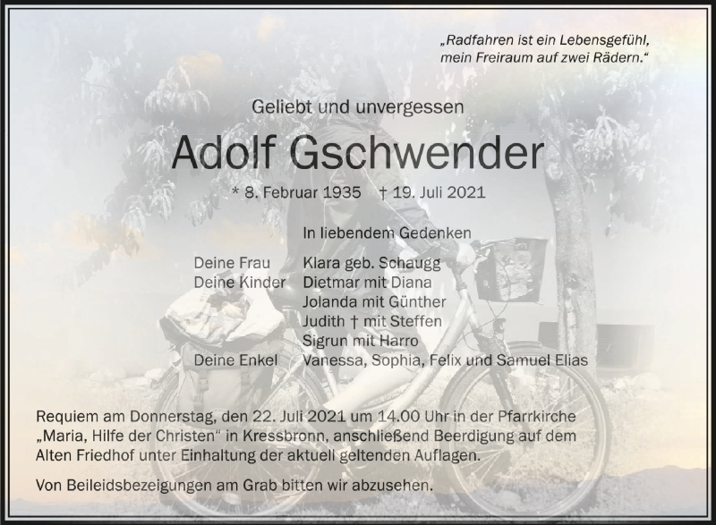  Traueranzeige für Adolf Gschwender vom 21.07.2021 aus Schwäbische Zeitung