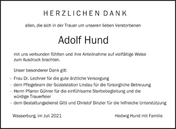 Anzeige von Adolf Hund von Schwäbische Zeitung