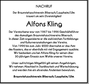 Anzeige von Alfons Kling von Schwäbische Zeitung