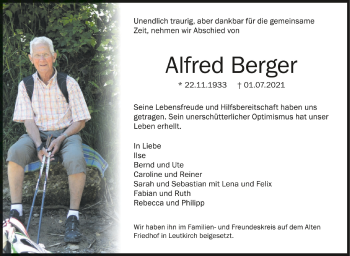 Anzeige von Alfred Berger von Schwäbische Zeitung