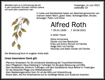 Anzeige von Alfred Roth von Schwäbische Zeitung
