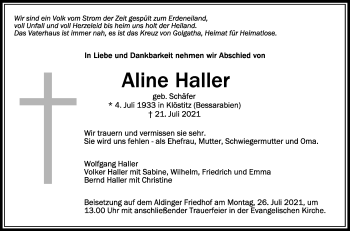 Anzeige von Aline Haller von Schwäbische Zeitung