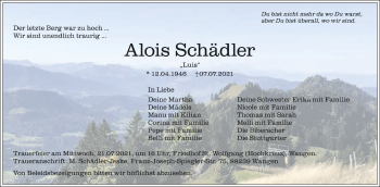 Anzeige von Alois Schädler von Schwäbische Zeitung