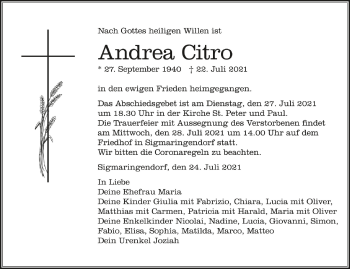 Anzeige von Andrea Citro von Schwäbische Zeitung