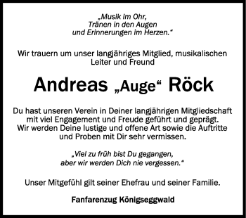 Anzeige von Andreas Röck von Schwäbische Zeitung