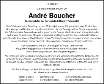 Anzeige von André Boucher von Schwäbische Zeitung