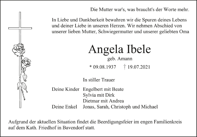  Traueranzeige für Angela Ibele vom 21.07.2021 aus Schwäbische Zeitung