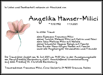 Anzeige von Angelika Hanser-Milici  von Schwäbische Zeitung