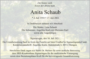 Anzeige von Anita Schaub von Schwäbische Zeitung