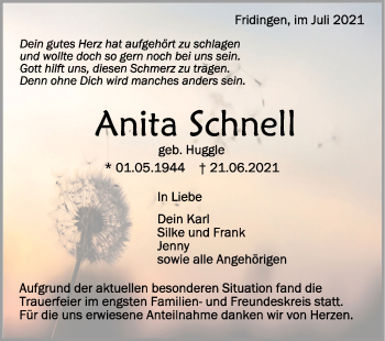 Anzeige von Anita Schnell von Schwäbische Zeitung