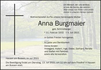Anzeige von Anna Burgmaier von Schwäbische Zeitung