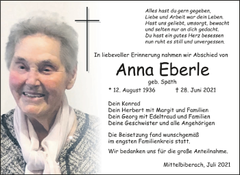Anzeige von Anna Eberle von Schwäbische Zeitung