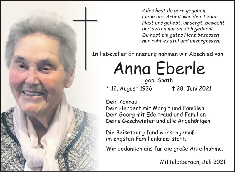 Traueranzeigen von Anna Eberle | schwaebische.de Trauerportal