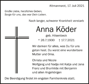 Anzeige von Anna Köder von Schwäbische Zeitung