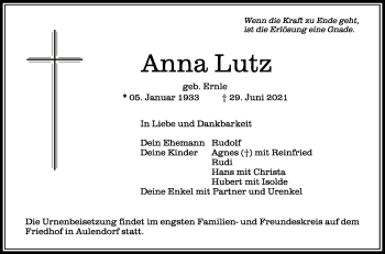 Anzeige von Anna Lutz von Schwäbische Zeitung