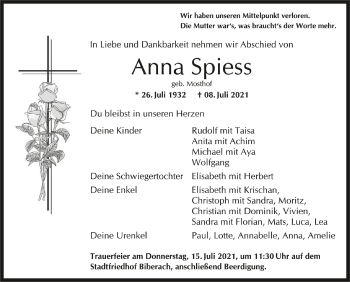 Anzeige von Anna Spiess von Schwäbische Zeitung