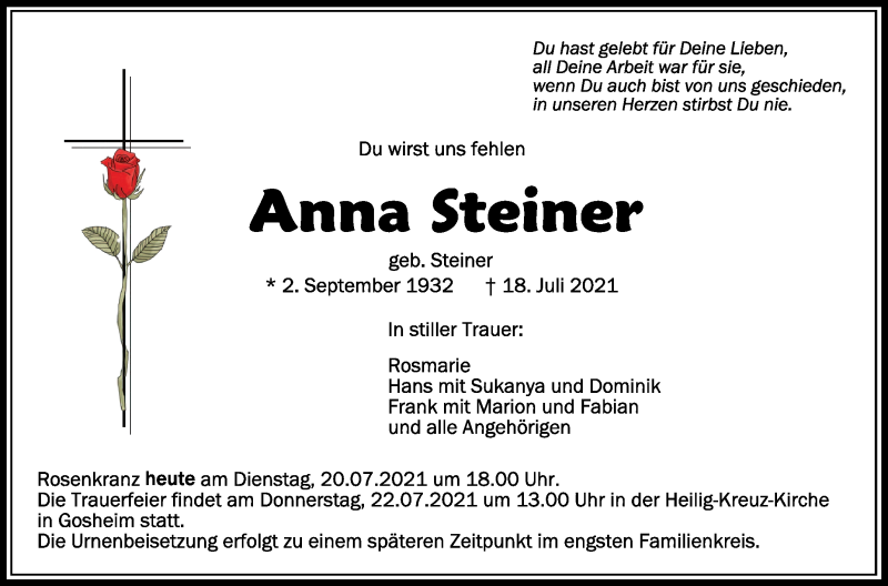  Traueranzeige für Anna Steiner vom 20.07.2021 aus Schwäbische Zeitung