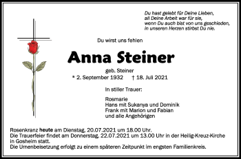 Anzeige von Anna Steiner von Schwäbische Zeitung