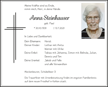 Anzeige von Anna Steinhauser von Schwäbische Zeitung