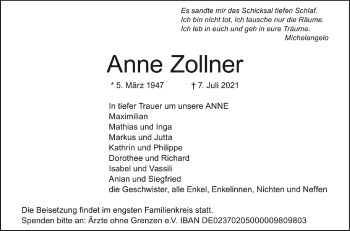 Anzeige von Anne Zollner von Schwäbische Zeitung