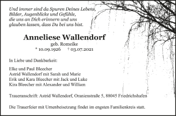 Anzeige von Anneliese Wallendorf von Schwäbische Zeitung