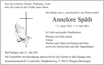 Anzeige von Annelore Späth von Schwäbische Zeitung