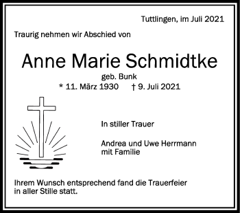 Anzeige von Anne Marie Schmidtke von Schwäbische Zeitung