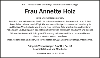 Anzeige von Annette Holz von Schwäbische Zeitung