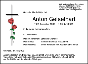 Anzeige von Anton Geiselhart von Schwäbische Zeitung