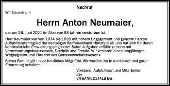 Anzeige von Anton Neumaier von Schwäbische Zeitung