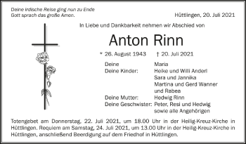 Anzeige von Anton Rinn von Schwäbische Zeitung