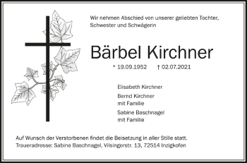 Anzeige von Bärbel Kirchner von Schwäbische Zeitung
