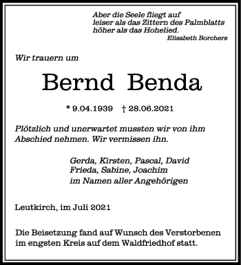 Anzeige von Bernd Benda von Schwäbische Zeitung